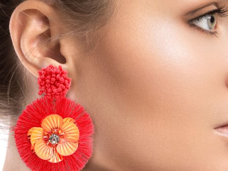 Coral Sequin Flower Tassel Earrings Discount