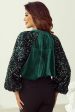 Evergreen Sequin Patchwork Sleeve Button Up Velvet Top Sale