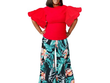 1XL Red Ruffle Tropical Pant Set Hot on Sale