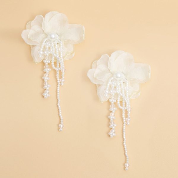 Drop Cream Fabric Flower Pearl Earrings for Women Hot on Sale