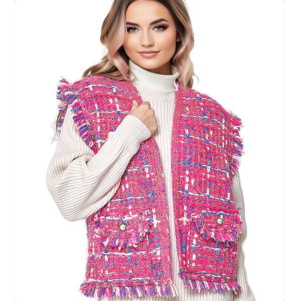 Silver Threaded Vest Luxe Plaid Tweed Pink Vest Online now