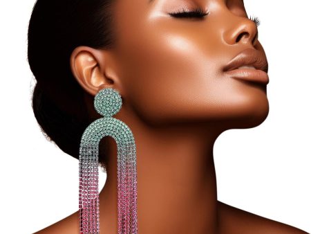 AKA Fringe Pink Green Long Arched Earrings on Sale