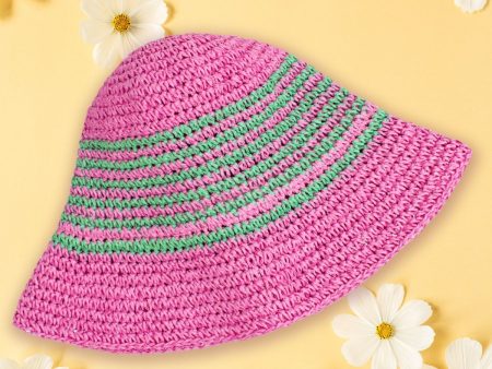 AKA Bucket Hat Pink Green Multi Stripe Straw Hot on Sale