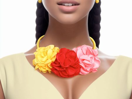 Bib Multicolor Triple Fabric Flower Necklace Women For Sale