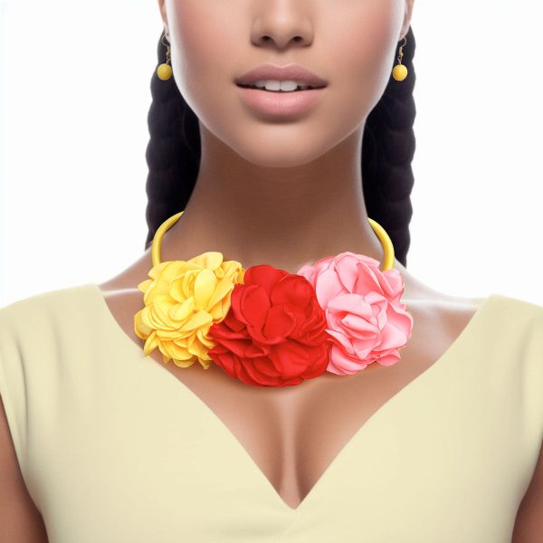 Bib Multicolor Triple Fabric Flower Necklace Women For Sale