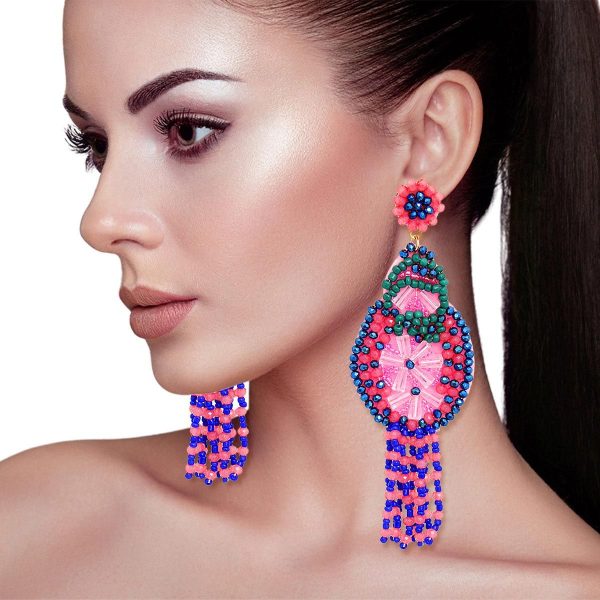 Tassel Pink Beaded Large Earrings for Women Discount