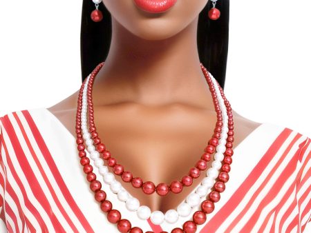 DST Pearl Necklace Red White 3 Strand Set on Sale