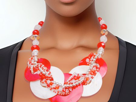 Red and White Beaded Disc Necklace Set Fashion