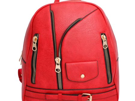 Moto Backpack Red Zipper Medium Bag for Women on Sale