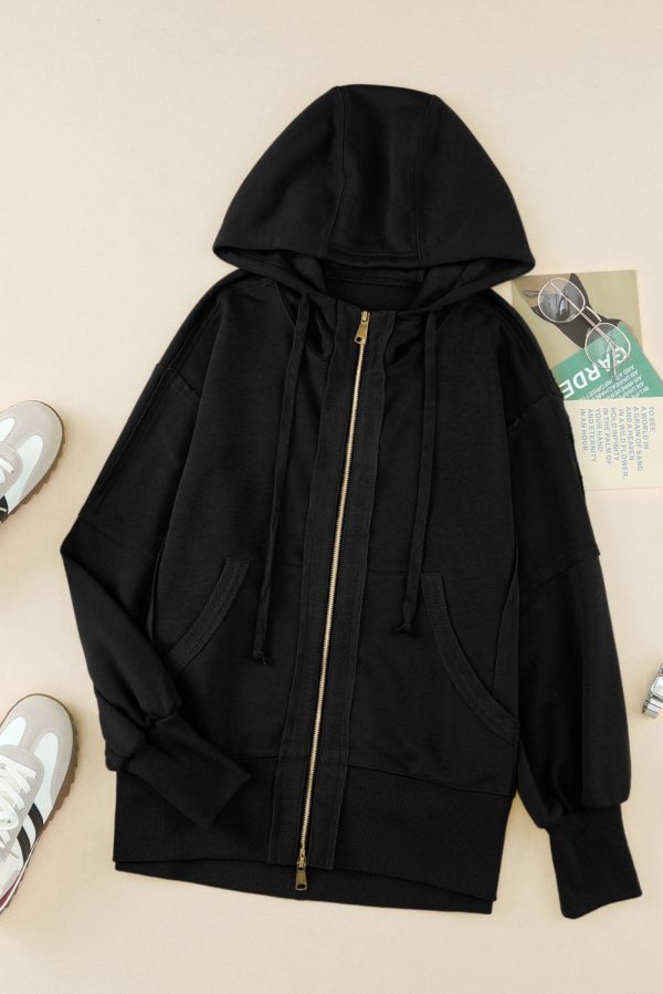 Black Raw Edge Exposed Seam Full Zip Hoodie Cheap