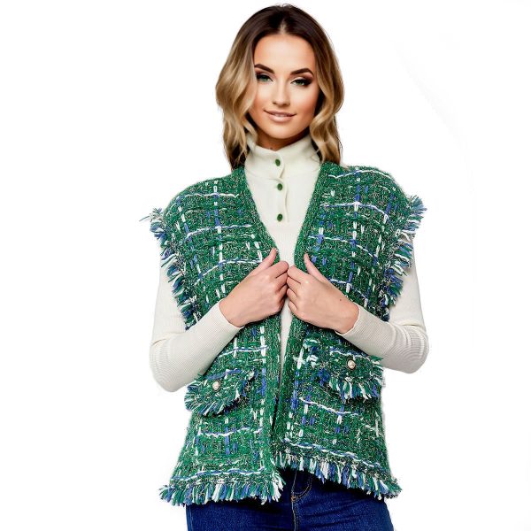 Silver Threaded Luxe High Quality Tweed Green Vest Online Hot Sale