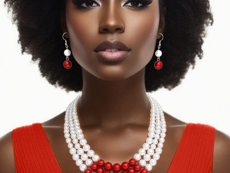 DST Pearl White with Red Center 3 Strand Set For Sale