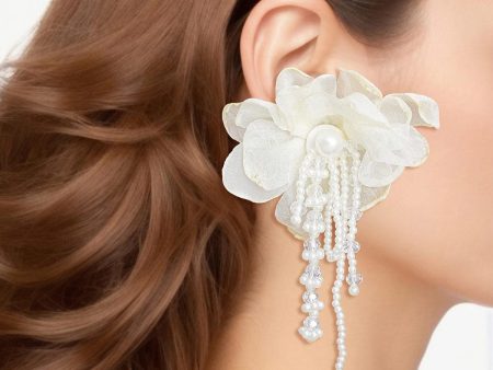 Drop Cream Fabric Flower Pearl Earrings for Women Hot on Sale