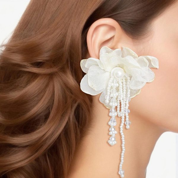 Drop Cream Fabric Flower Pearl Earrings for Women Hot on Sale