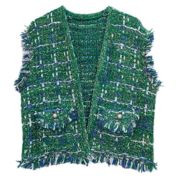 Silver Threaded Luxe High Quality Tweed Green Vest Online Hot Sale